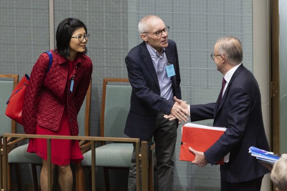 Dr Ha Vu, Professor Sean Turnell and Prime Minister Anthony Albanese at the start of question time.