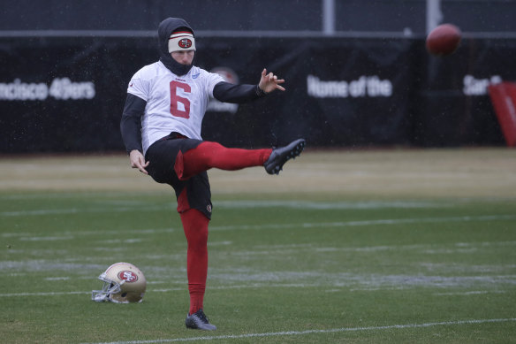 Mitch Wishnowsky practises at the 49ers' training facility in Santa Clara, California.