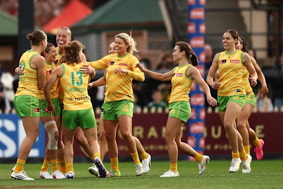 Australia’s Zippy Fish celebrates a goal at North Sydney Oval.