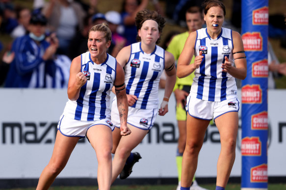 Daisy Bateman celebrates a goal for the Kangaroos.