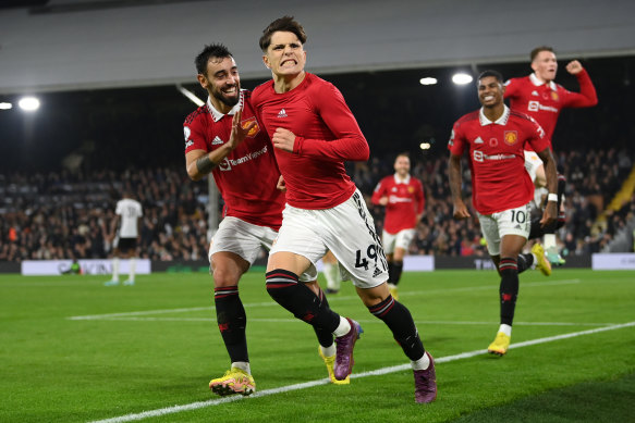 Alejandro Garnacho of Manchester United celebrates scoring the side’s second goal. 