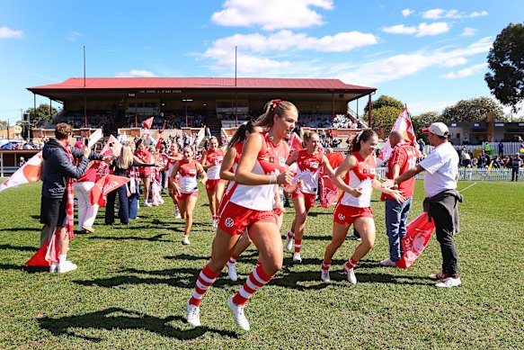 Sydney’s women’s team runs out for its first-round win over Adelaide at Unley Oval on the weekend.