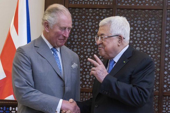 King Charles meeting Palestinian President Mahmoud Abbas at his official Bethlehem residence in January 2020.