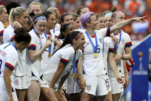 Megan Rapinoe, centre, celebrates the United States' victory with her teammates after the Women's World Cup soccer final  against the Netherlands at the Stade de Lyon.