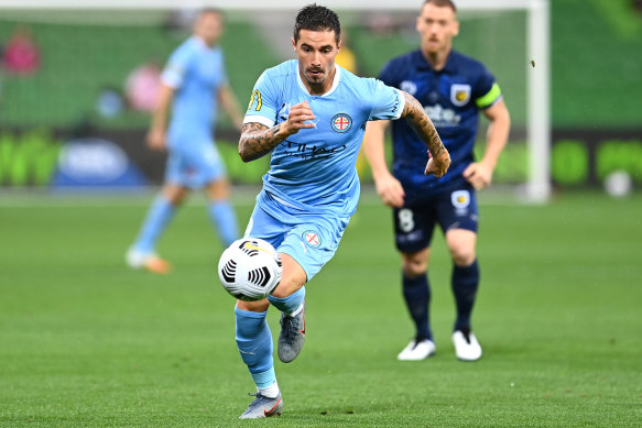 Jamie Maclaren is all concentration for Melbourne City during their win over Central Coast Mariners at AAMI Park on Monday night.