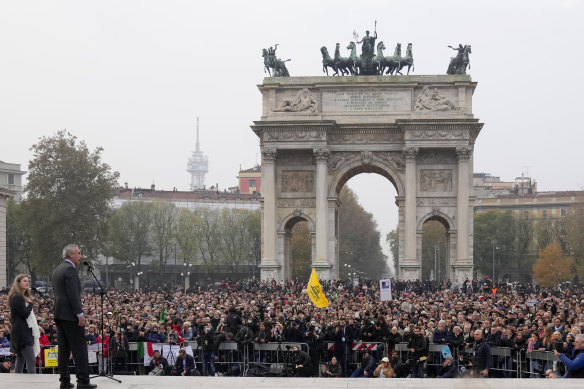 Robert F. Kennedy jnr speaks during a protest against the COVID-19 vaccination green pass in Milan, Italy, last month. 