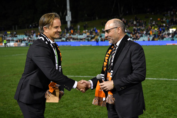 Wests Tigers’ chief executive Justin Pascoe and chairman Lee Hagipantelis.