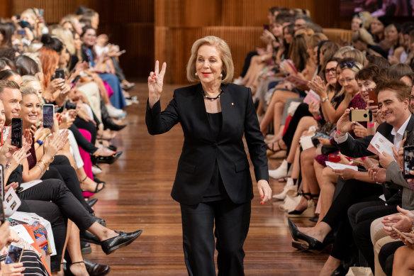 ABC chairman Ita Buttrose, walking the catwalk  last week at Melbourne's fashion festival for a charity raising funds for Dementia Australia.