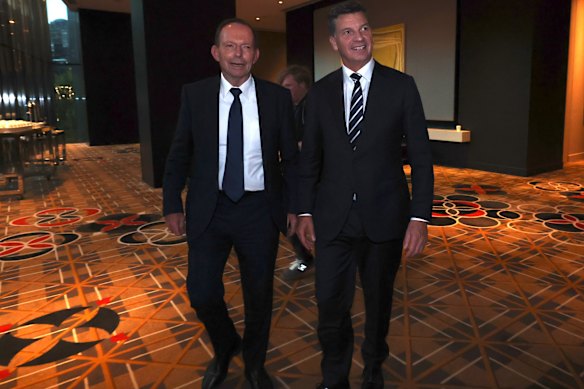 Liberal Party president, former prime minister Tony Abbott, with Liberal leader Angus Taylor at the party’s federal conference in May.