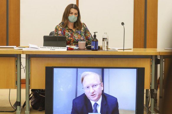 Committee chair Senator Sarah Hanson-Young listening to Sky News Australia chief executive Paul Whittaker appearing via videoconference.