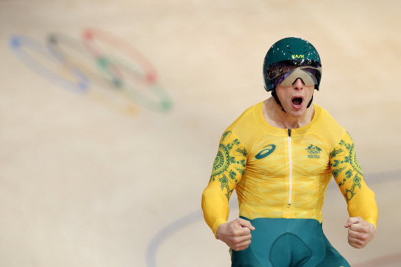 Matthew Richardson celebrates winning a quarter-final in the men’s sprint.