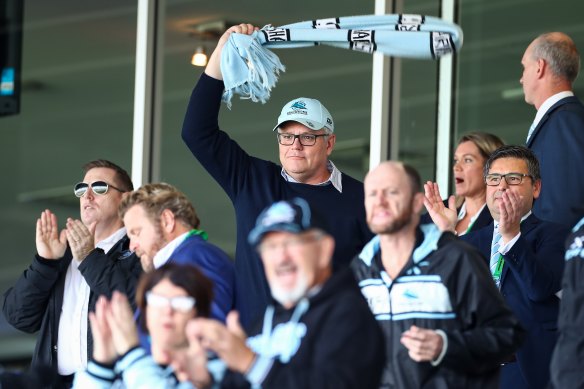 Scott Morrison attends a Cronulla Sharks match. 