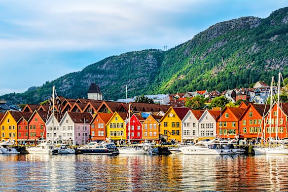 Colourful Bryggen, a historic Hanseatic-era wharf in Bergen, Norway, is a UNESCO World Heritage Site.