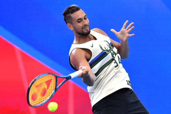 Nick Kyrgios practising at the Queensland Tennis Centre in Brisbane on Thursday.