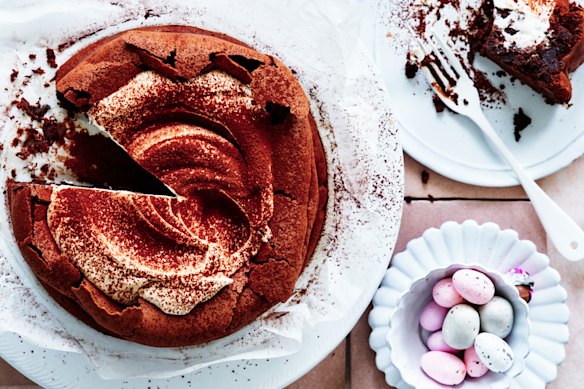 Helen Goh’s flourless chocolate crater cake with spiced whipped cream.