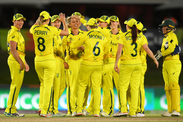 Ashleigh Gardner of Australia celebrates the wicket of Eden Carson.