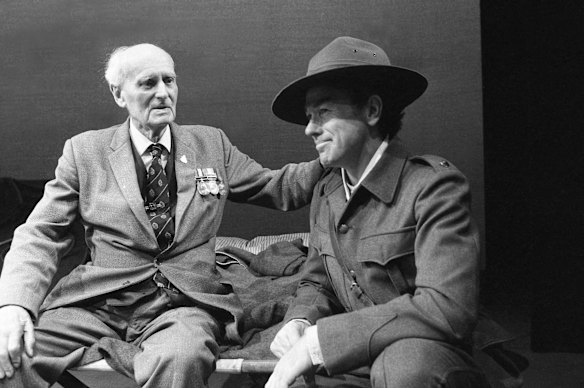 Boer War veteran Captain Hugh Woolf and Terence Donovan at the Athenaeum during the season of Breaker Morant in 1978.