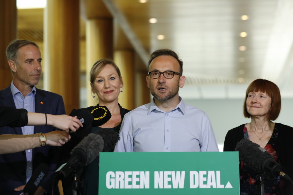 Newly elected Greens Leader Adam Bandt with (from left) senators Nick McKim, Larissa Waters and Rachel Siewert  at Parliament House this week.