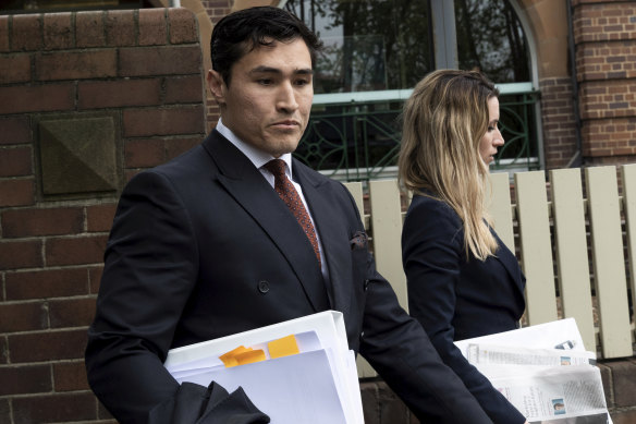 Sam Burgess' lawyer, Bryan Wrench, leaves Moss Vale Court House on Wednesday.