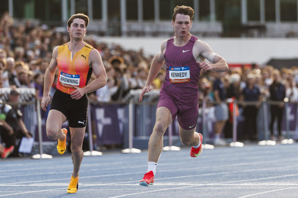 Kennedy also beat Rohan Browning in the men’s 100 metres in front of 10,000 people at Lakeside Stadium.