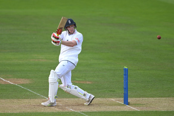 Harry Brook hits out at Lord’s during England’s first innings.