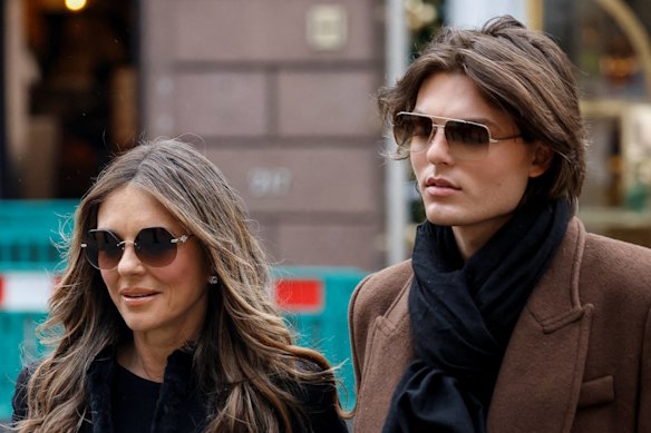 Actor and model Elizabeth Hurley arrives at court with her son, Damian, on Monday.