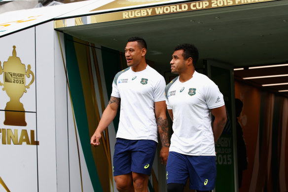 Israel Folau and Will Genia in alternate white jerseys used by the Wallabies for training ahead of the 2015 Rugby World Cup final. The jerseys were never worn in a game.