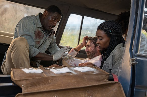 Elba, Sharlto Copley, Iyana Halley and Leah Jeffries in <I>Beast</i>.
