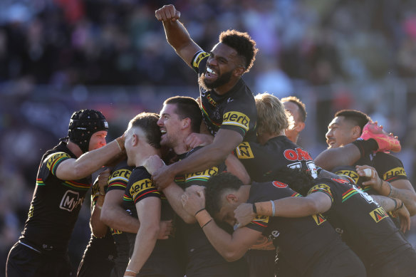 Somewhere underneath all his teammates is Panthers match-winner Nathan Cleary.