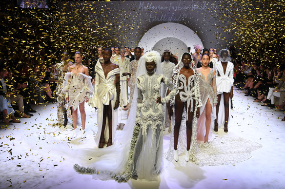 Sparkly but unnecessary ... the finale at the opening Town Hall runway at Melbourne Fashion Week.