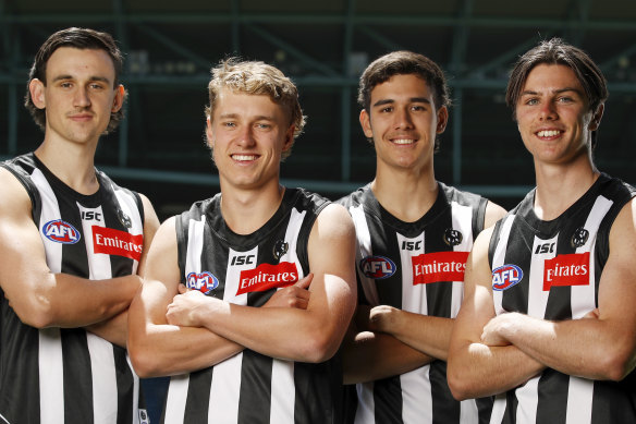 From left, Liam McMahon, Fin Macrae, Reef McInnes and Oliver Henry, part of the Magpies’ crop of young talent from the 2020 draft.