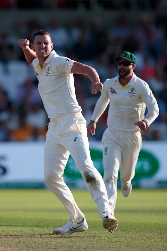 Josh Hazlewood celebrates taking the wicket of Joe Denly.