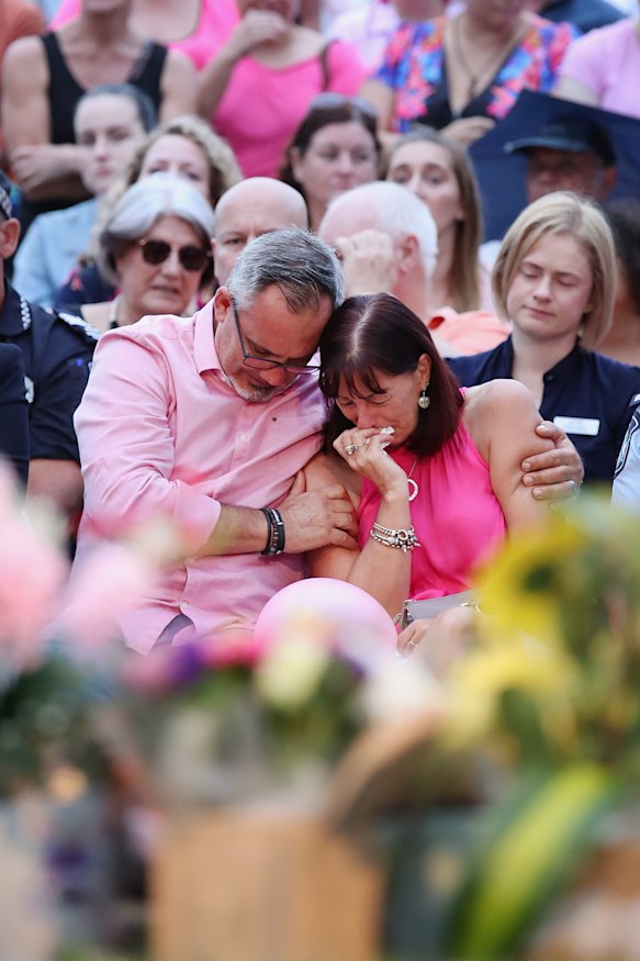 Lloyd and Sue Clarke at a vigil at Bill Hewitt Reserve in Camp Hill on February 23, 2020, after the death of their daughter and grandchildren.