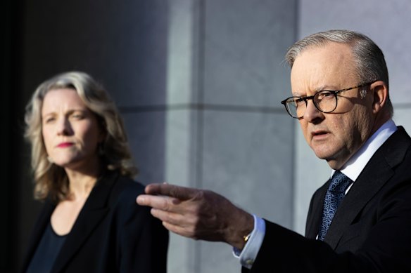 Minister for Home Affairs and Minister for Cyber Security Clare O’Neil and Prime Minister Anthony Albanese during a press conference at Parliament House in Canberra.