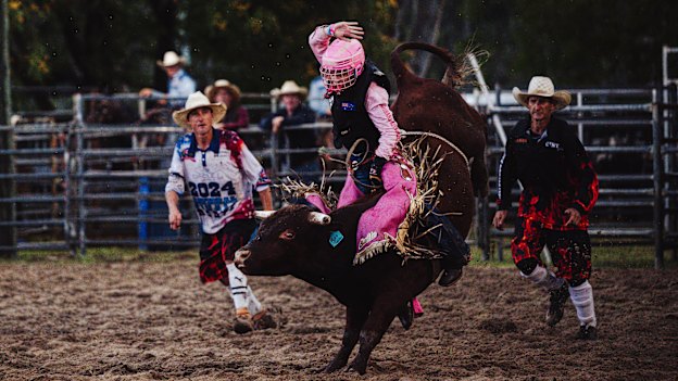 Bella Brinner, 12, competing in the Woodford Rodeo.
