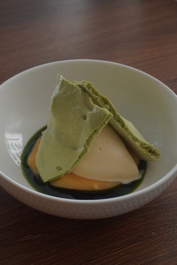 Koshihikari rice ice cream with yuzu, matcha and basil.