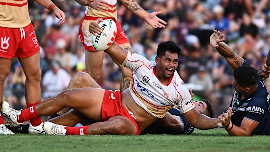 CAIRNS, AUSTRALIA - FEBRUARY 12: Herman Ese’ese of the Dolphins reacts during the NRL Trial Match between North Queensland Cowboys and Dolphins at Barlow Park on February 12, 2023 in Cairns, Australia. (Photo by Emily Barker/Getty Images)