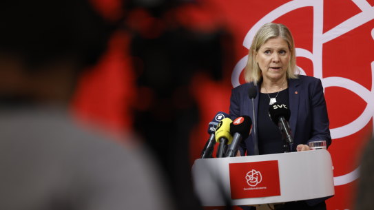 Sweden’s Prime Minister Magdalena Andersson gives a press conference after a meeting of the ruling Social Democrats. 