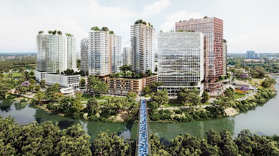 A render of the 11,000-home Moore Point development proposed by Coronation Property across the Georges River from Liverpool.