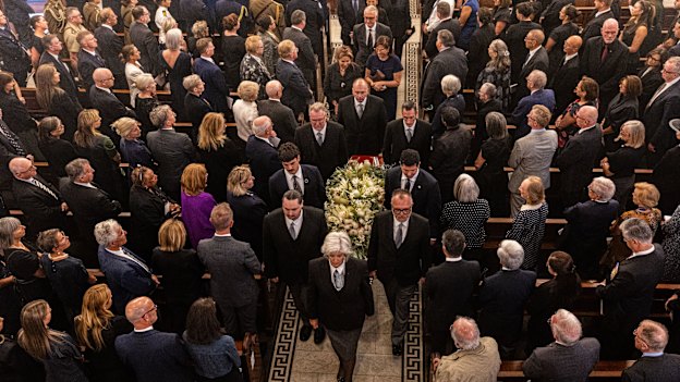 The coffin of Dame Marie Bashir is led out of St James’ Church on Wednesday.