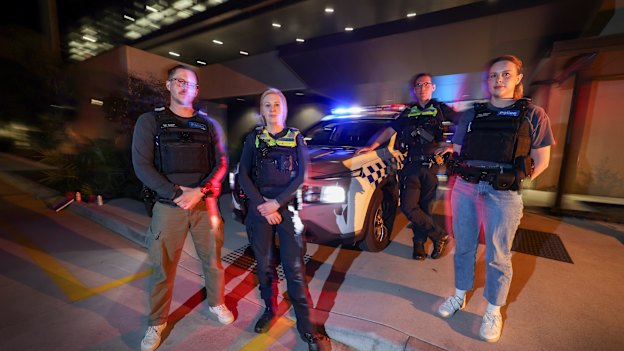Senior Constable Tyler Huisman, Sergeant Brittany Webster, Senior Constable Chris Lowe and First Constable Laura Robinson before heading out on patrol as part of Operation Shows.