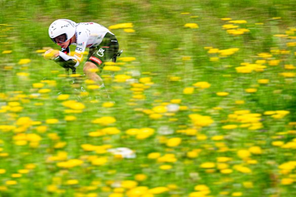 Tadej Pogacar from Slovenia of UAE Team Emirates XRG in action during the prologue, a 3,2 km race against the clock at the 79th Tour de Romandie UCI World Tour Cycling race, in Villars-sur-Glane, Switzerland.