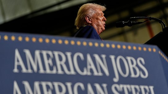 Donald Trump addressing steel workers at US Steel’s plant in Pennsylvania on Friday.