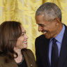 Harris and former president Barack Obama attend an event to mark the 2010 passage of the Affordable Care Act in the East Room of the White House on April 5, 2022. 
