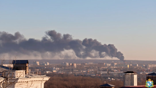Smoke rises from the area of Kursk airport outside Kursk, Russia.