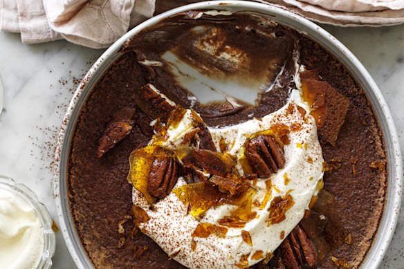 Baked chocolate custard with pecan brittle.