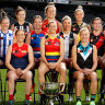The AFLW captains, with Nicole Livingstone, AFL head of women’s football, far right.