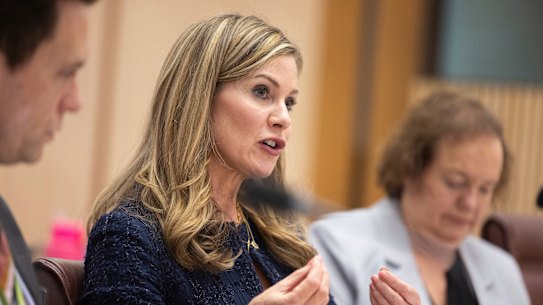 Julie Inman Grant. eSafety Commissioner, during a Senate estimates hearing at Parliament House in Canberra. Photo: Alex Ellinghausen