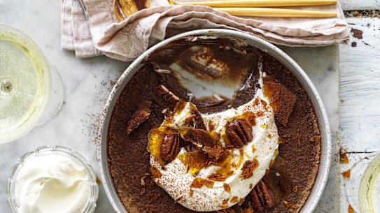 Baked chocolate custard with pecan brittle.