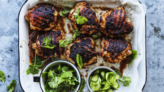 Spicy miso barbecued chicken with pickled cucumber.